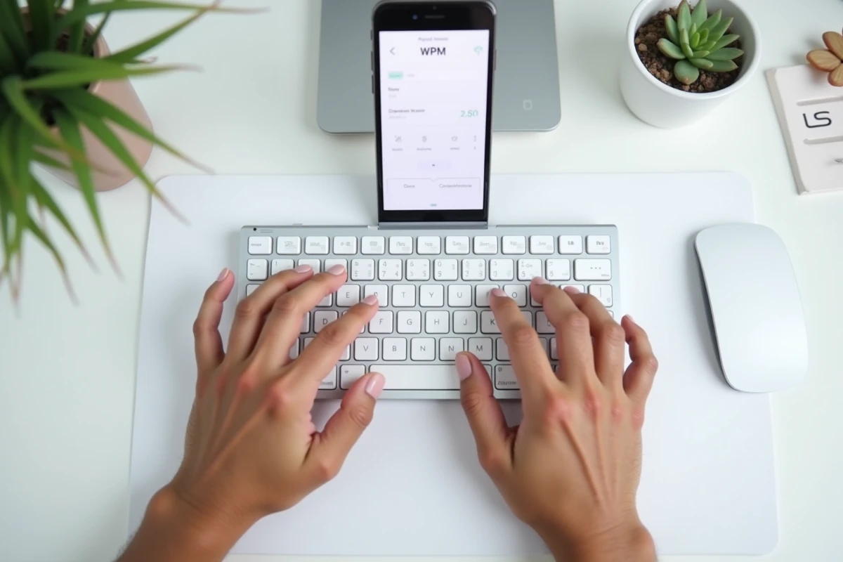 Gros plan des mains d'un adulte tapant sur un clavier sans fil lors d'un test de rapidité de frappe
