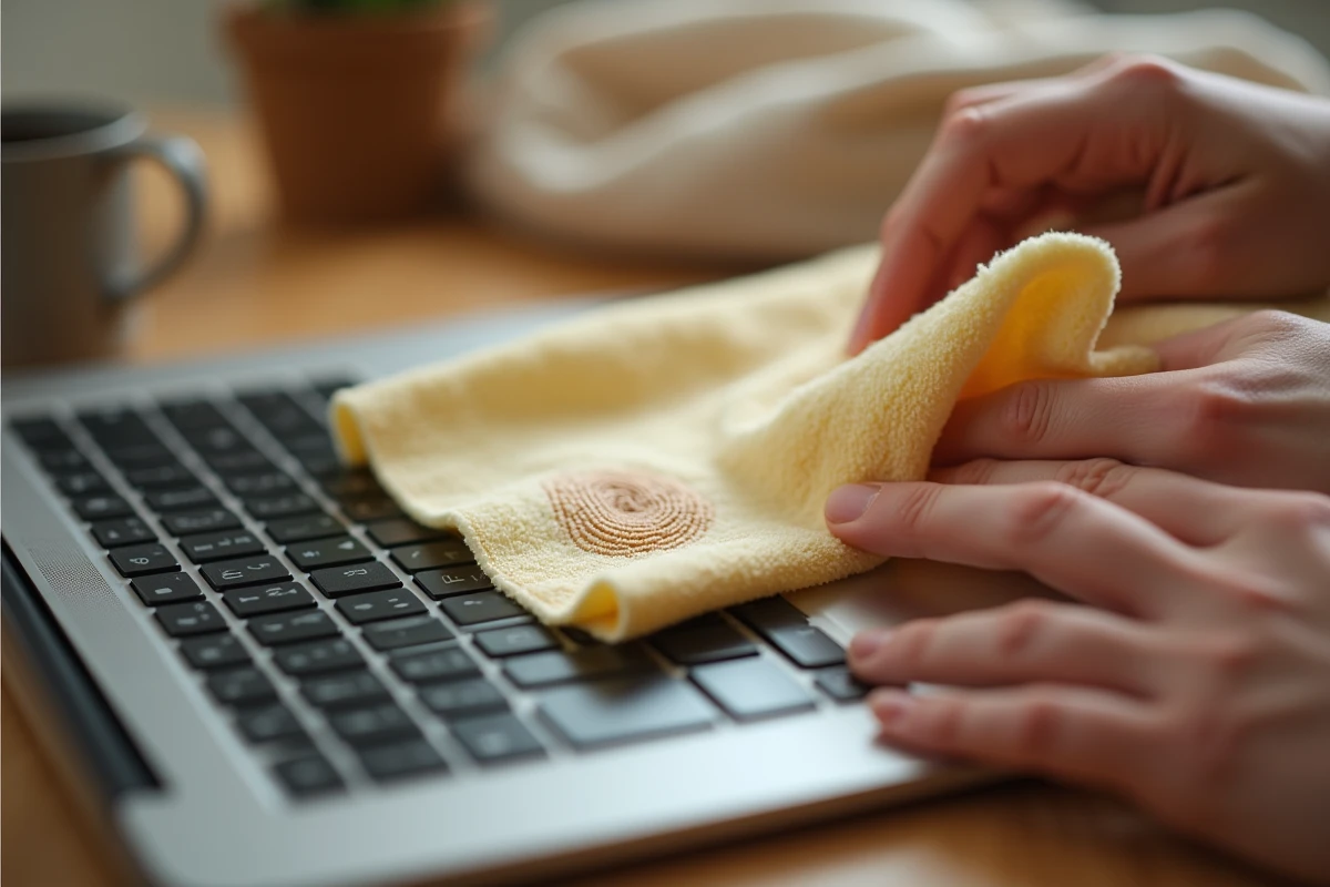Gros plan de mains essuyant les traces de doigts sur un écran d'ordinateur portable avec un chiffon microfibre jaune