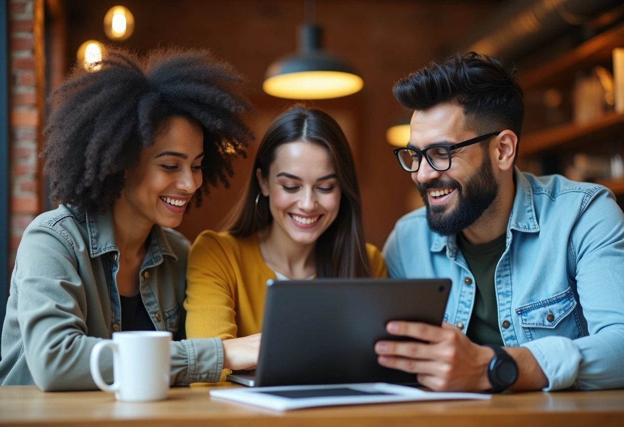 Groupe de jeunes professionnels collaborant au café