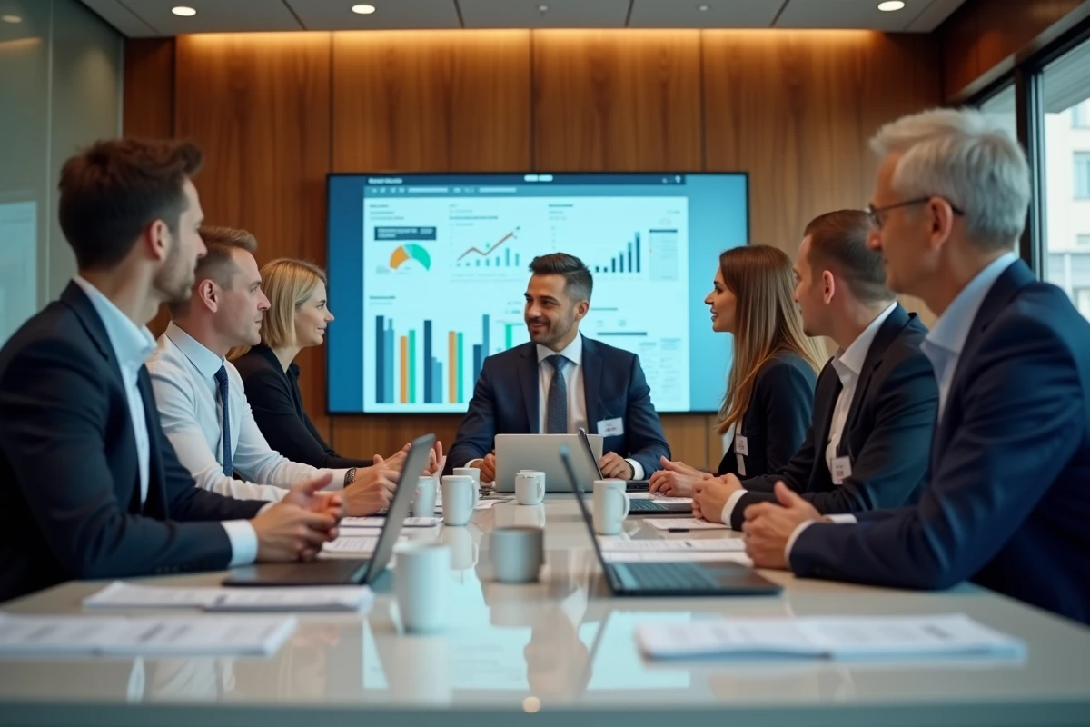 Groupe de managers en discussion dans un espace de travail