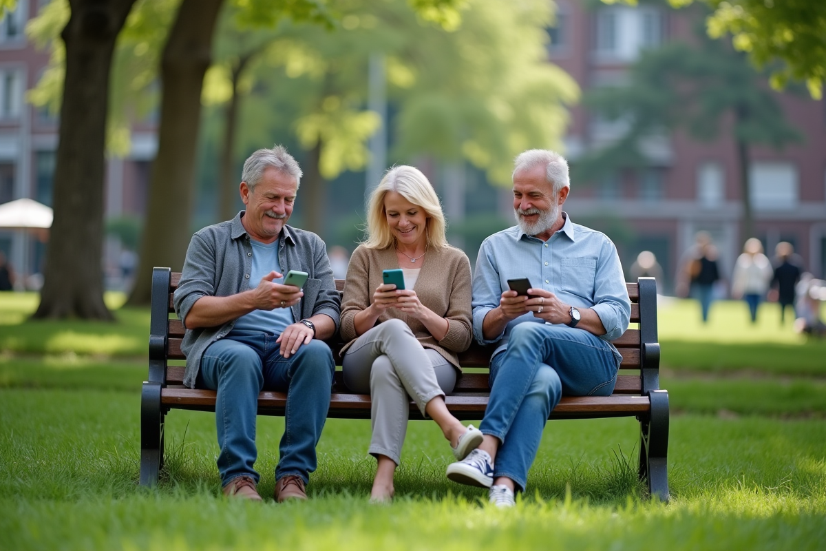 Trois amis discutant et envoyant des messages dans un parc urbain