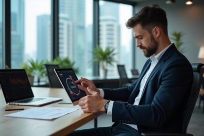 Jeune homme d'affaires examinant une tablette avec diagramme blockchain