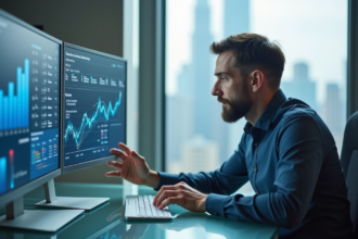 Homme d'âge moyen analyse des données sur un écran numérique