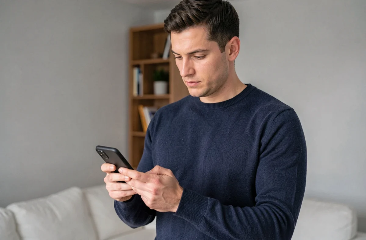 Homme analysant un smartphone Android 2026 dans un salon moderne minimaliste