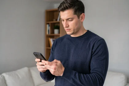 Homme analysant un smartphone Android 2026 dans un salon moderne minimaliste