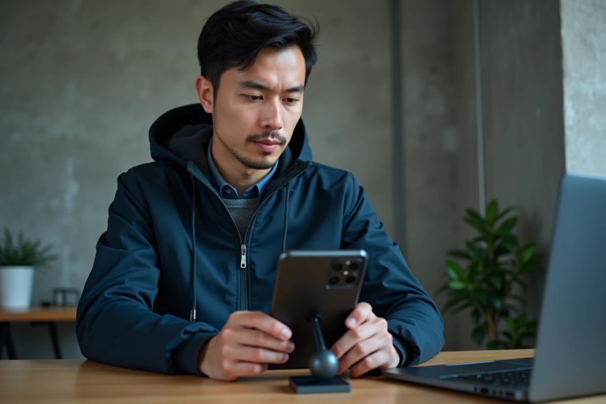 Homme analysant des performances vidéo sur smartphone dans un bureau moderne minimaliste