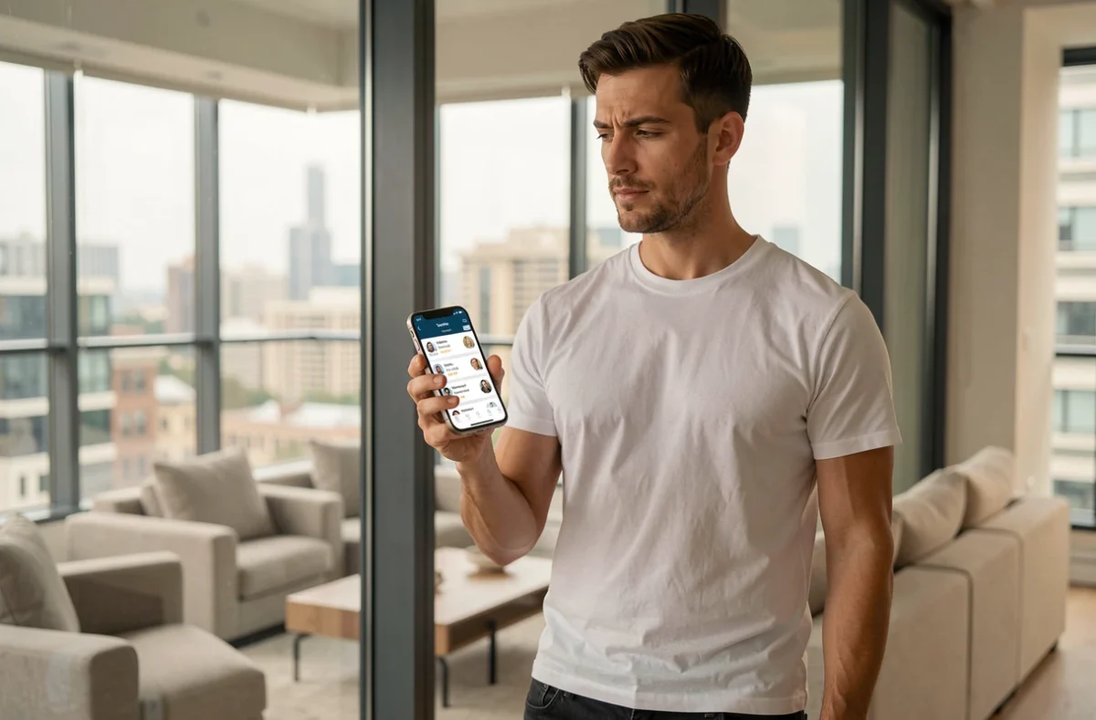 Homme consultant une application d'analyse de profil Instagram sur smartphone dans un appartement moderne