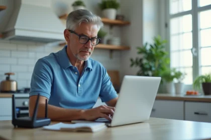 Homme travaillant sur son ordinateur dans une cuisine moderne