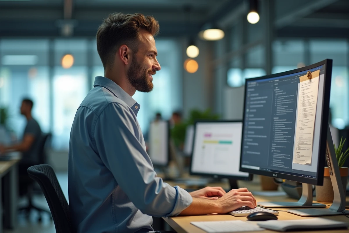Homme en chemise au bureau en open space avec clavier et écran