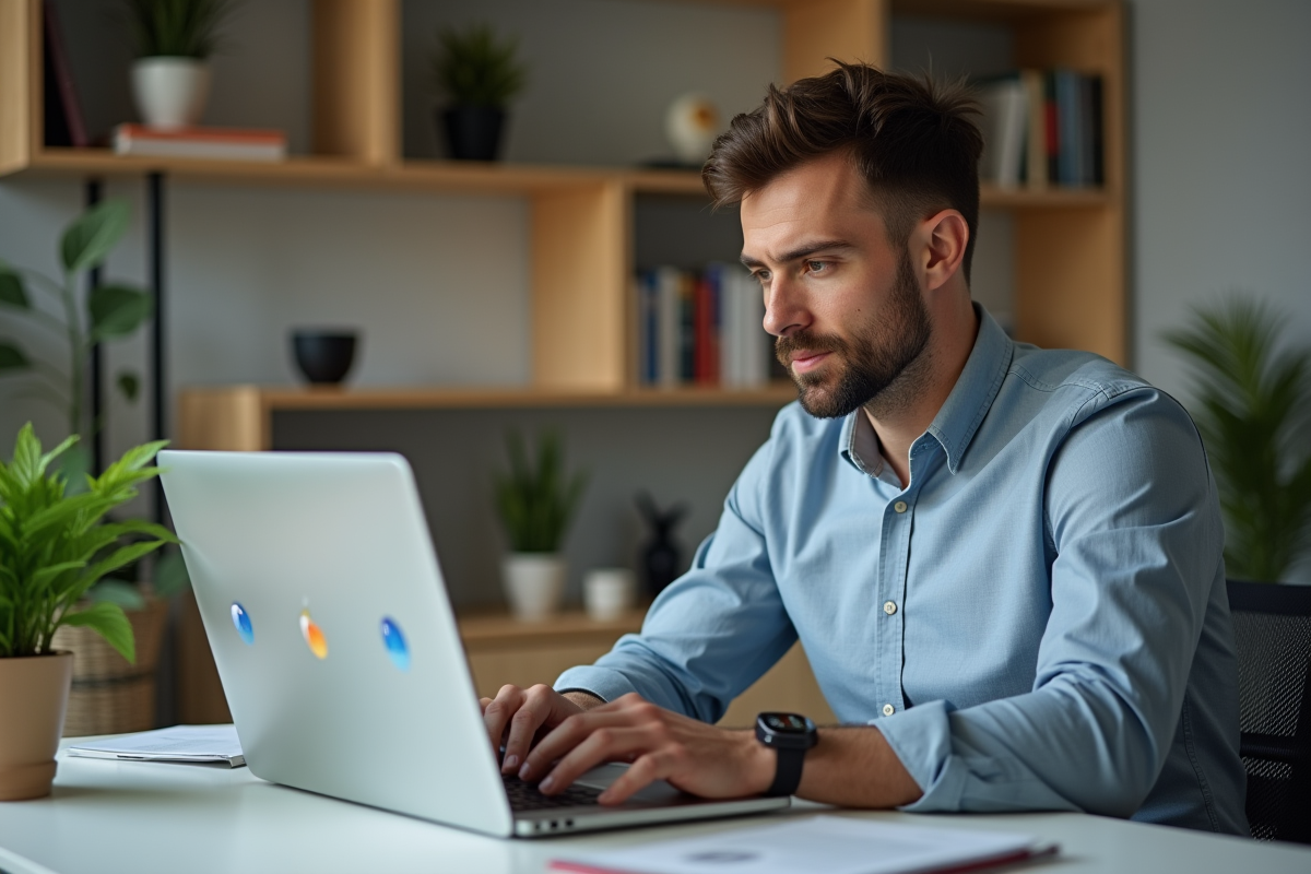 Homme concentré sur son ordinateur dans un bureau moderne