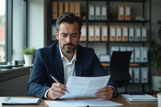 Homme en costume bleu lisant un document de sécurité