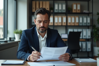Homme en costume bleu lisant un document de sécurité