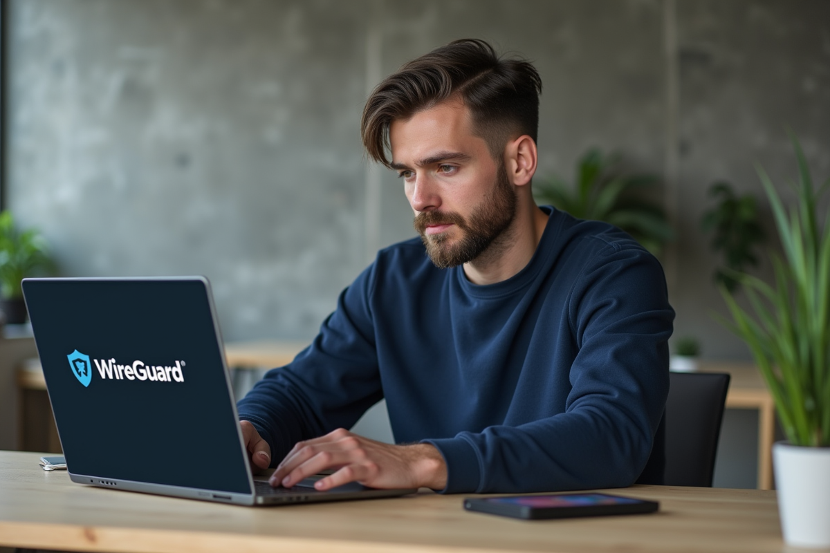 Homme professionnel utilisant un ordinateur avec logo WireGuard