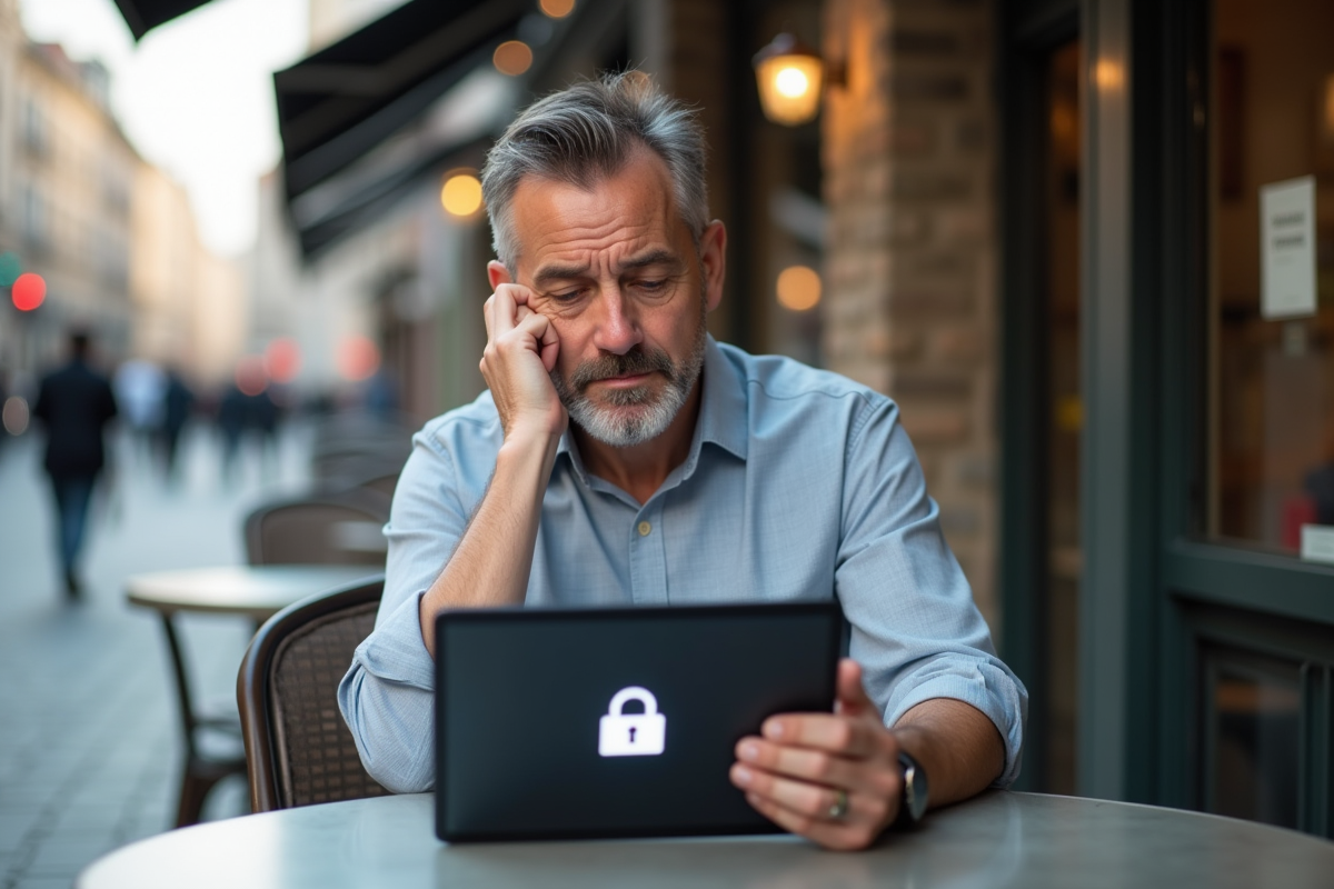 Homme au café vérifiant un symbole de sécurité sur sa tablette