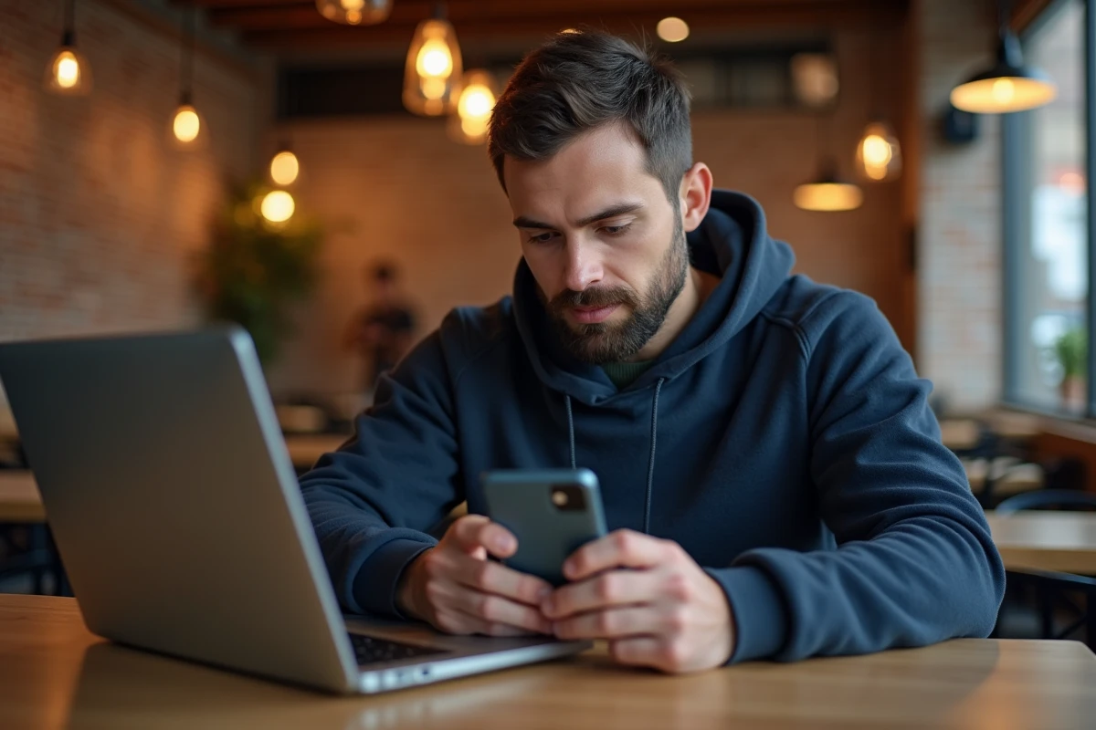 Homme dans un café comparant un Samsung Galaxy A51 avec un autre modèle Galaxy A posé sur une table en bois