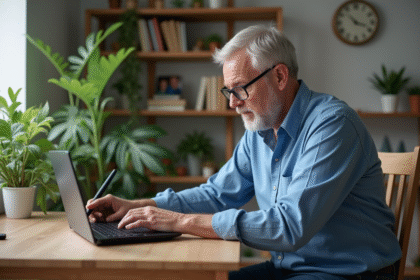 Homme d'âge moyen configure un routeur sans fil dans son salon
