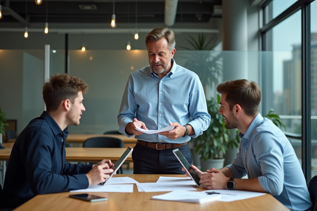 Homme en coworking discute avec un collègue autour de documents et tablette