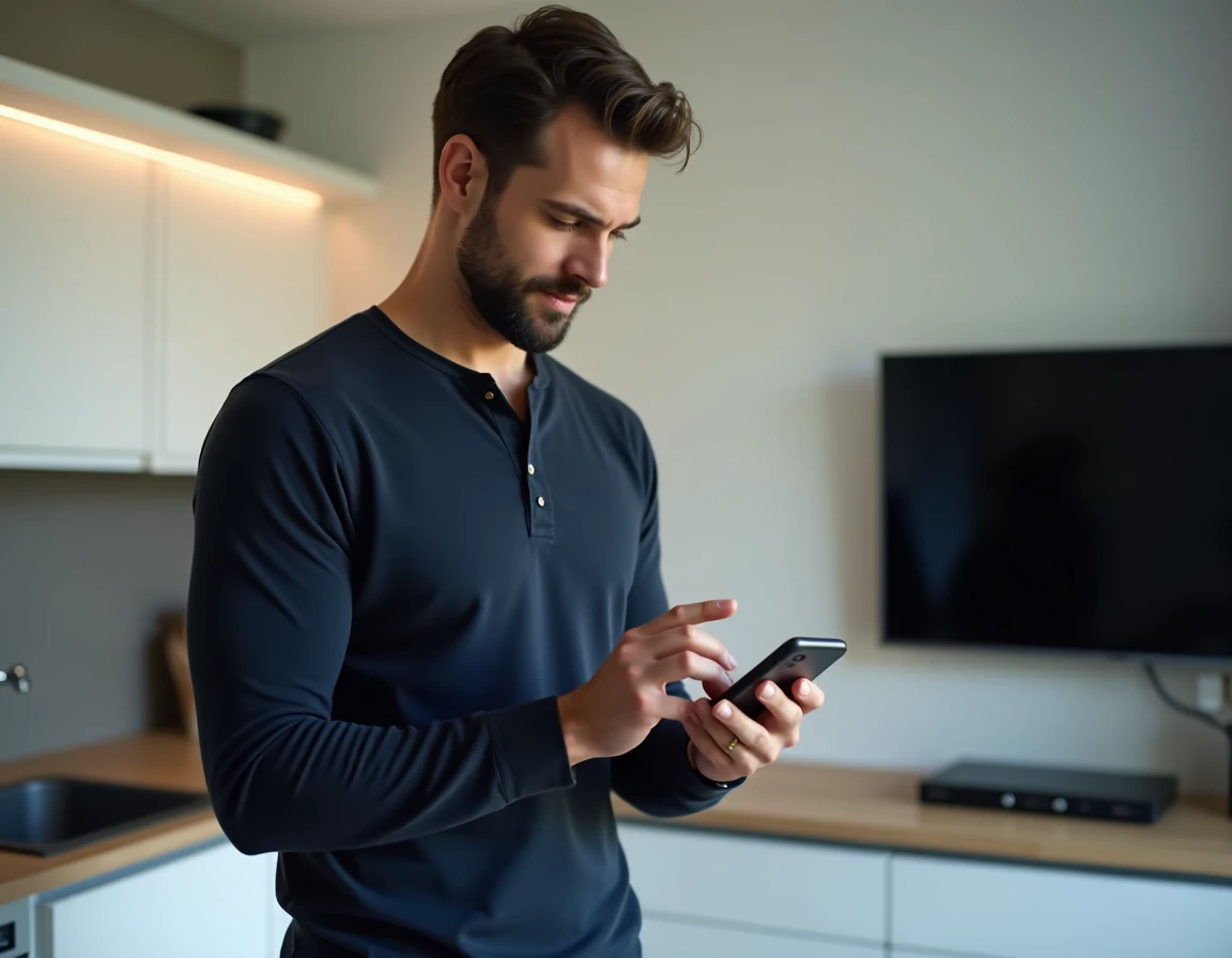 Homme dans sa cuisine utilisant son smartphone comme télécommande pour contrôler la Freebox via l'application mobile