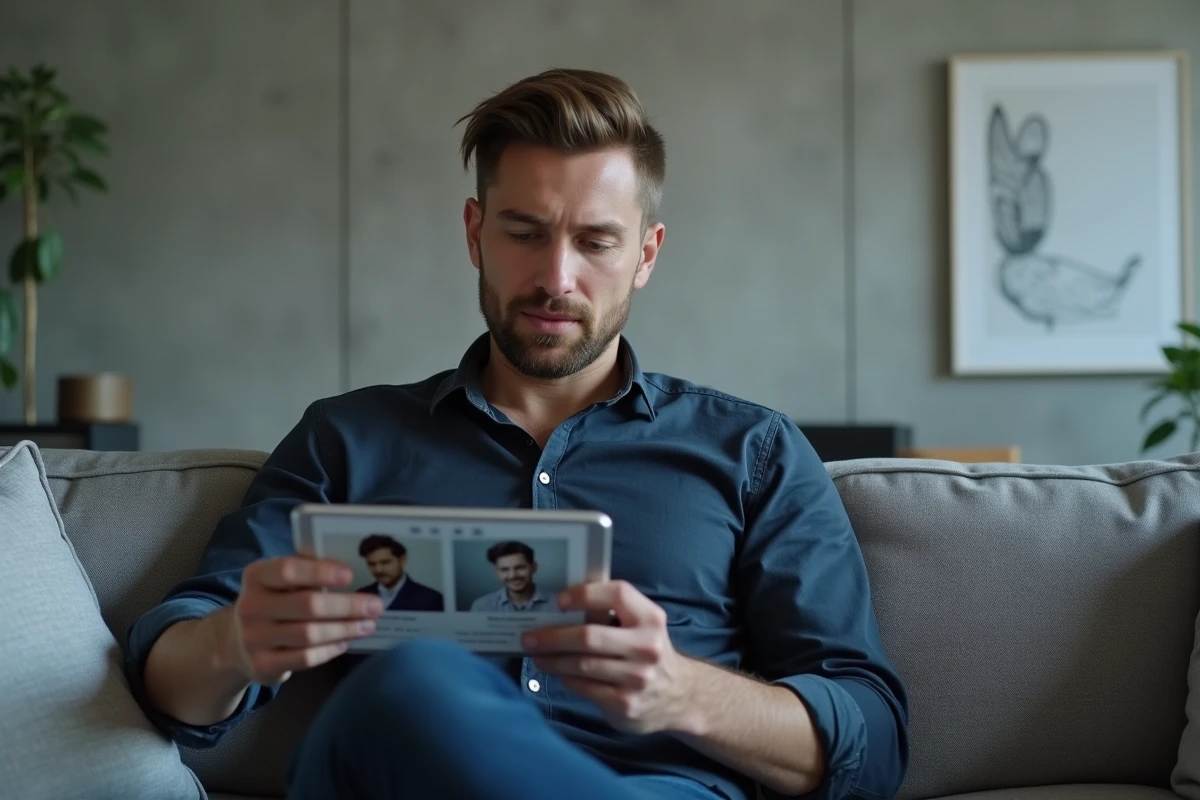 Homme consultant deux comptes Instagram sur une tablette dans un appartement moderne avec paramètres de confidentialité affichés
