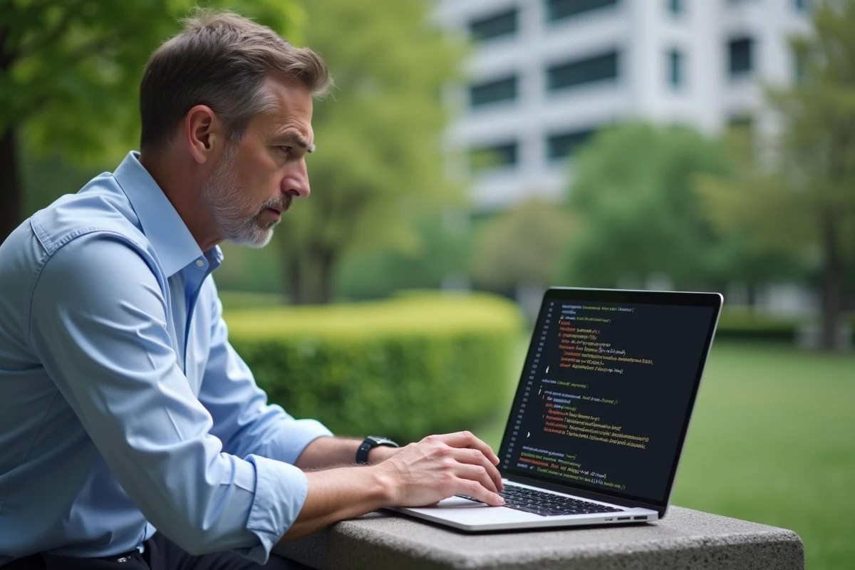 Homme en plein air analyse du code Python sur son ordinateur