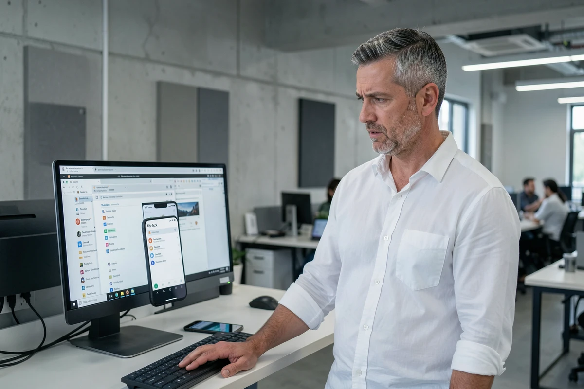 Homme en open space comparant Firefox sur ordinateur de bureau et smartphone avec problème de synchronisation des marques-pages