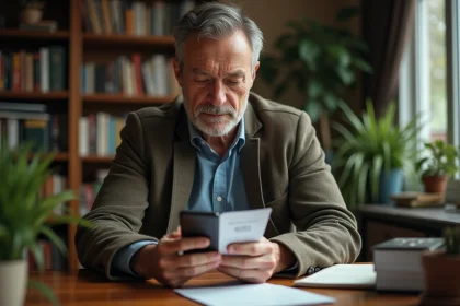 Homme d'âge moyen examinant un vieux téléphone dans un bureau cosy