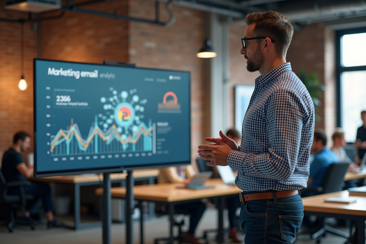 Homme présentant des analyses marketing dans un espace de coworking industriel