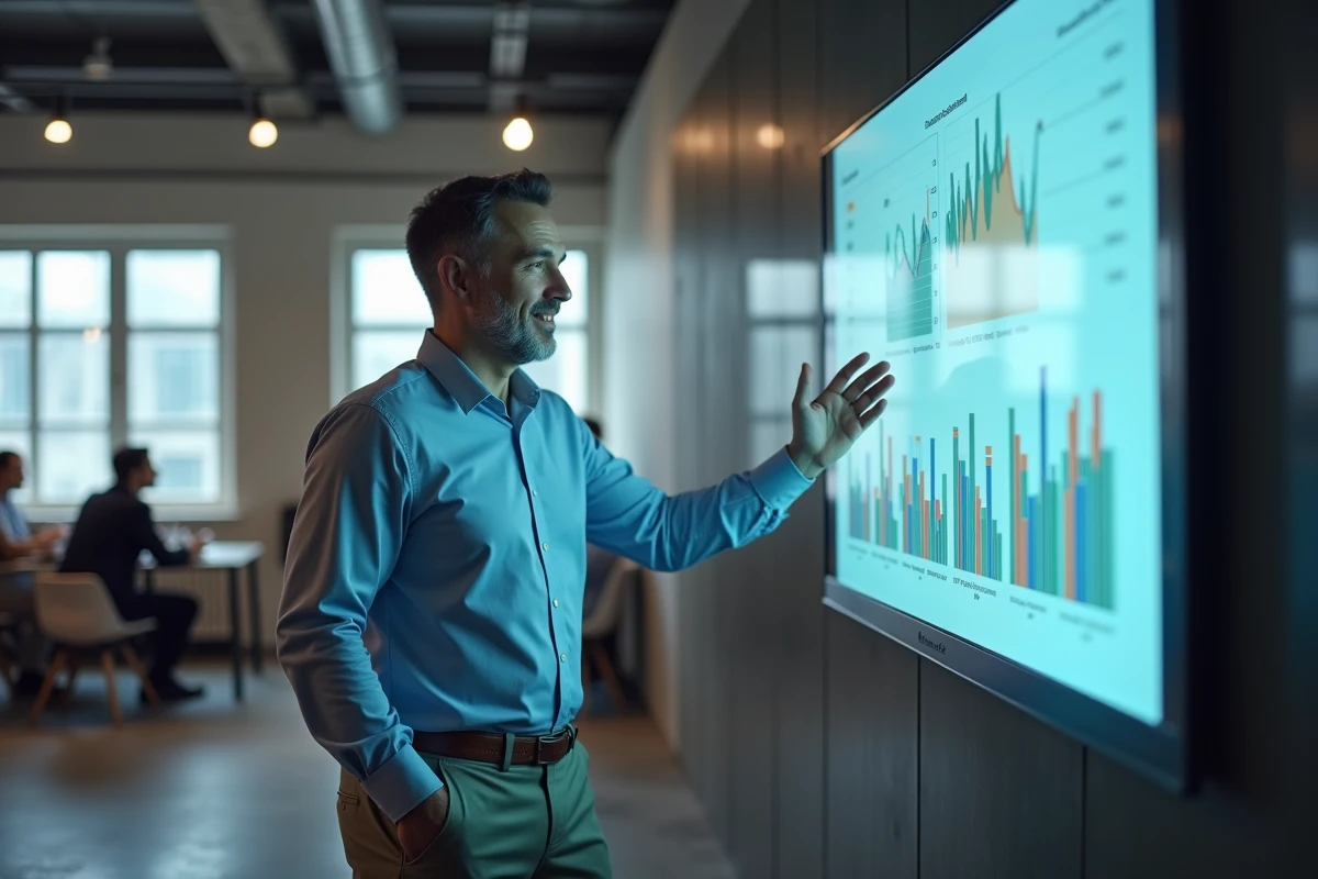 Homme expliquant des résultats sur un tableau digital en coworking