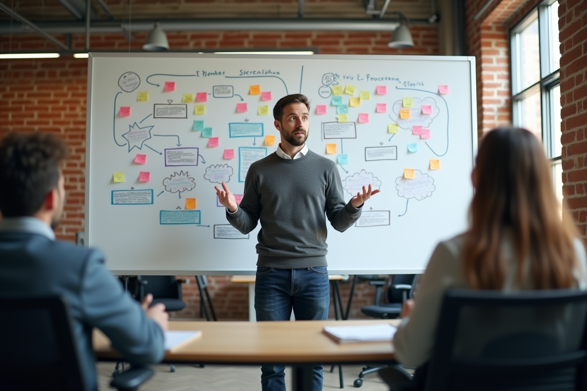 Homme expliquant une strategie de chatbot devant un tableau blanc