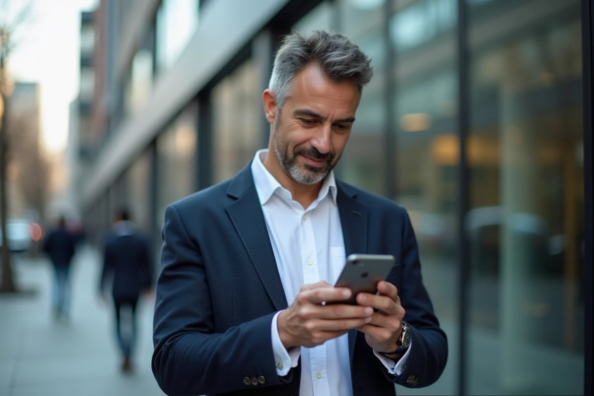 Homme professionnel consultant un chatbot IA sur mobile en ville