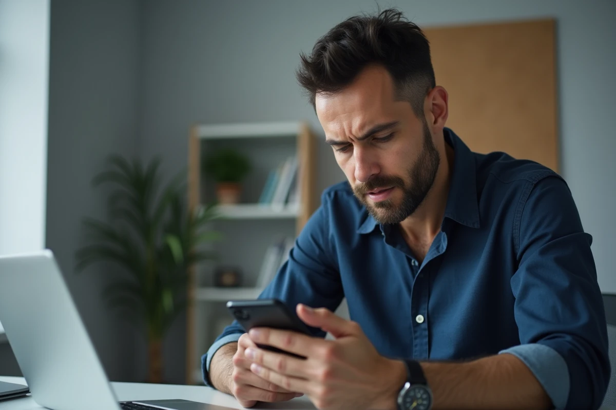 Homme consultant les paramètres de récupération de messages supprimés sur son smartphone Android depuis son bureau
