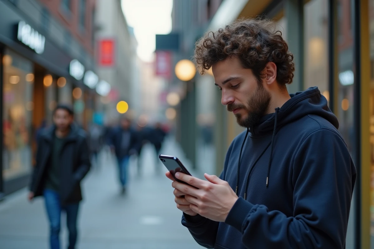 Homme testant la traduction en temps réel par IA sur le Samsung Galaxy S25 en ville
