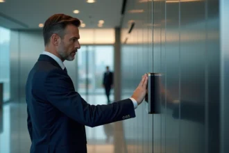 Homme en costume utilisant un scanner d'empreintes à l'entrée