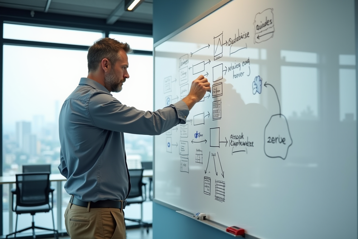 Homme dessinant un schéma de base de données en réunion