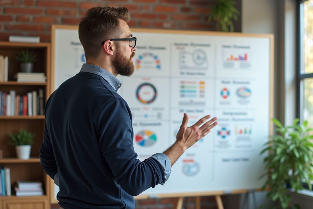 Homme expliquant stratégies SEO devant tableau blanc