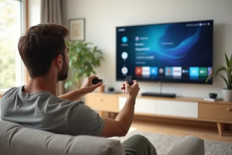 Homme utilisant une télécommande Chromecast devant un téléviseur connecté dans un salon moderne