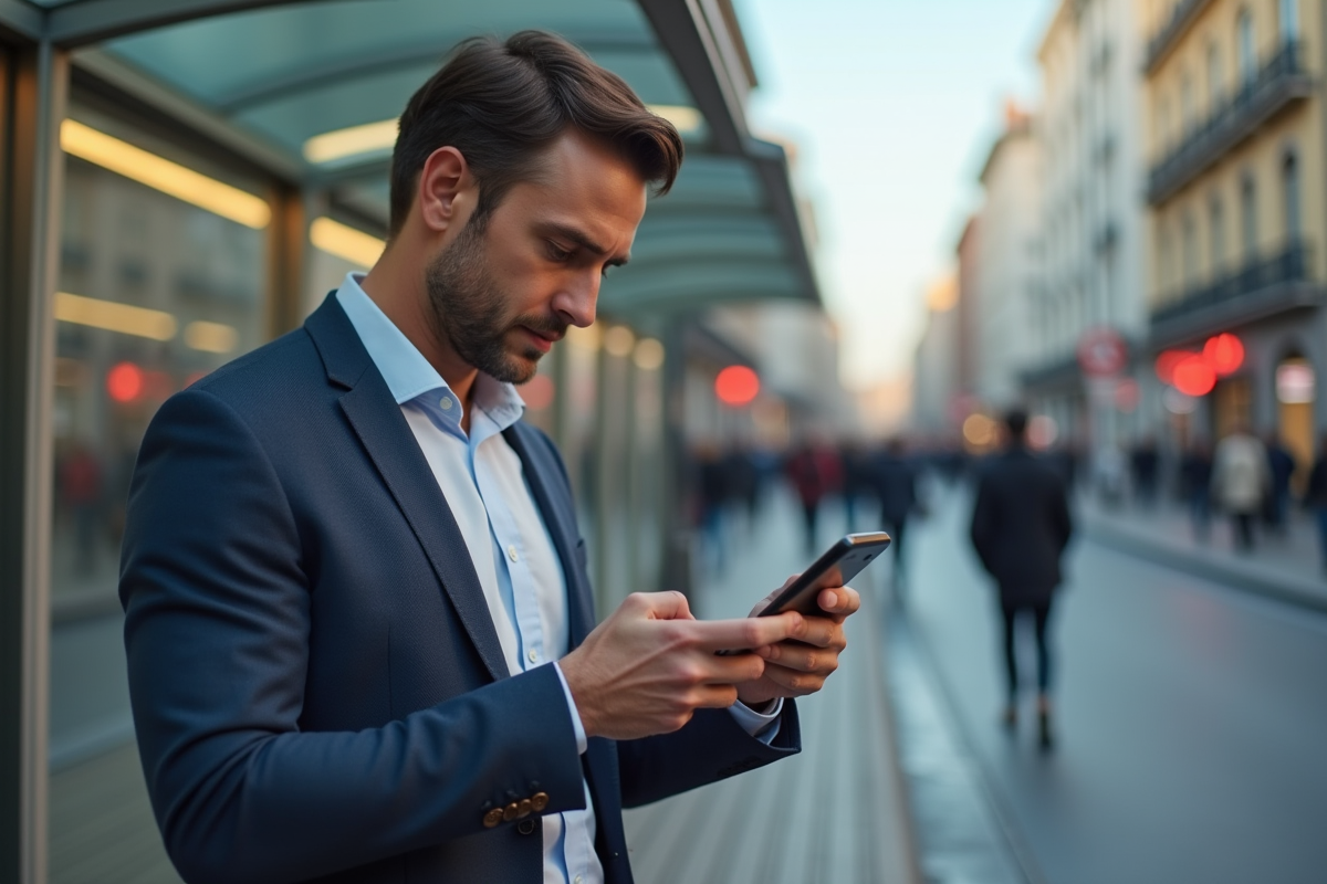 Homme regardant son téléphone avec publicité en ligne en ville