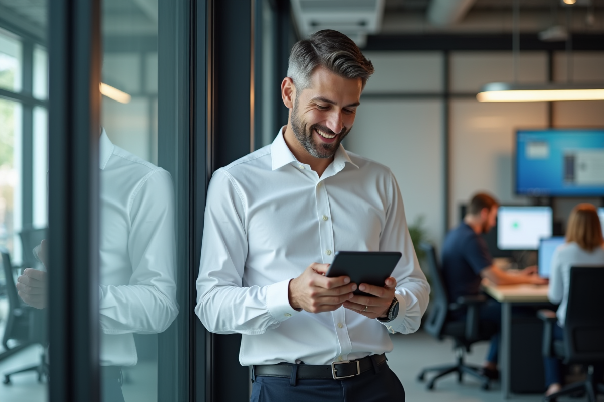 Homme souriant utilisant une tablette dans un bureau moderne
