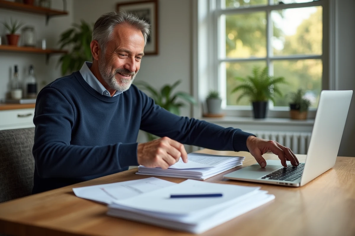 Homme triant des dossiers dans un intérieur cosy