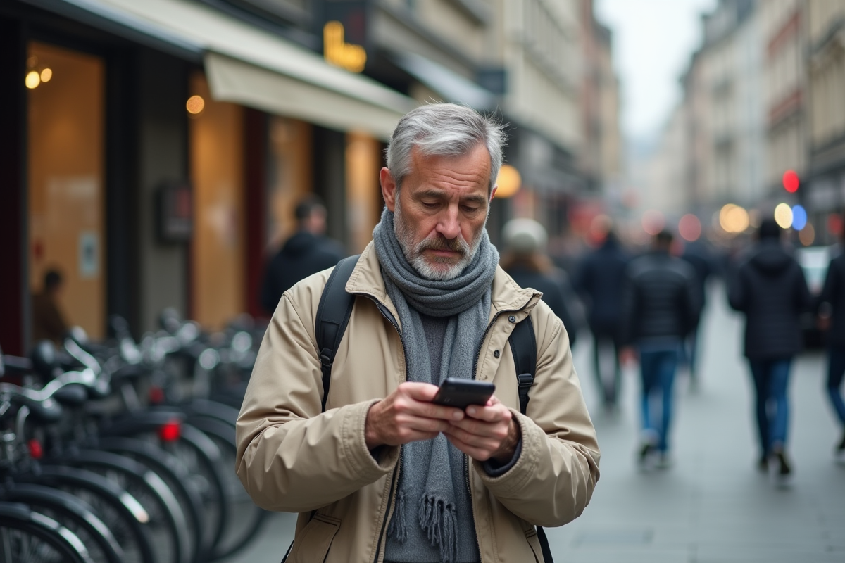 Homme dans la rue utilisant son smartphone avec perplexite