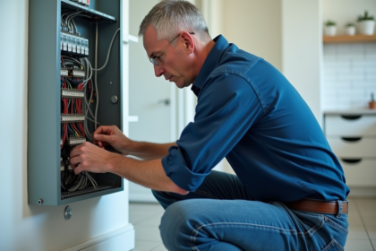 Homme d'âge moyen examinant un panneau électrique résidentiel