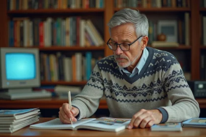 Homme d'âge moyen feuilletant magazines informatiques anciens