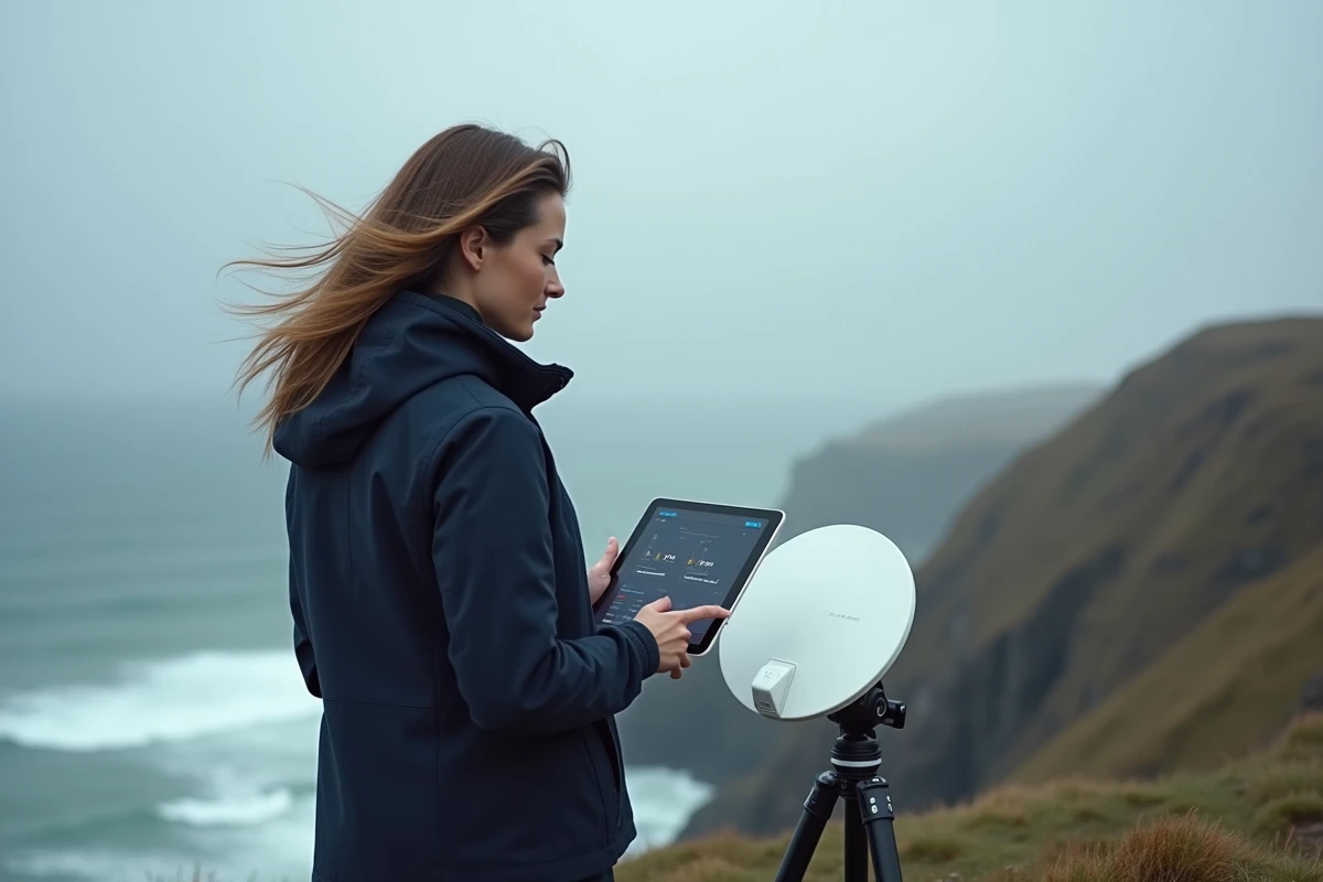 Femme utilisant une tablette avec interface IA en plein air près d'une antenne Starlink sur falaise côtière