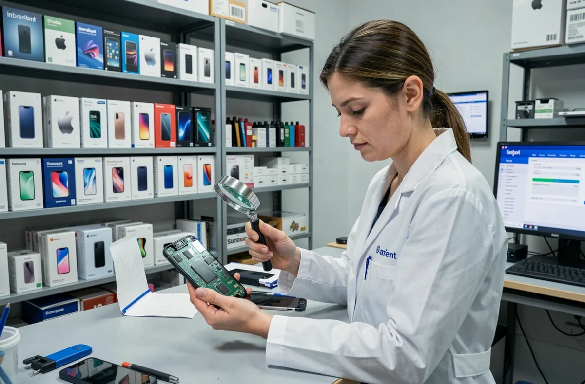 Technicienne d'iClinique à Lorient inspectant la carte d'un smartphone de toutes marques avec un outil de diagnostic