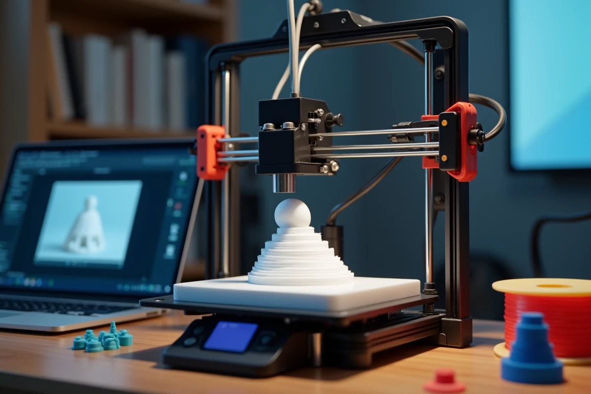 Imprimante 3D FDM en cours d'impression sur un bureau de home office avec logiciel de découpe ouvert sur ordinateur portable