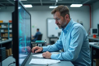 Ingénieur électronique examinant un panneau DLED en laboratoire