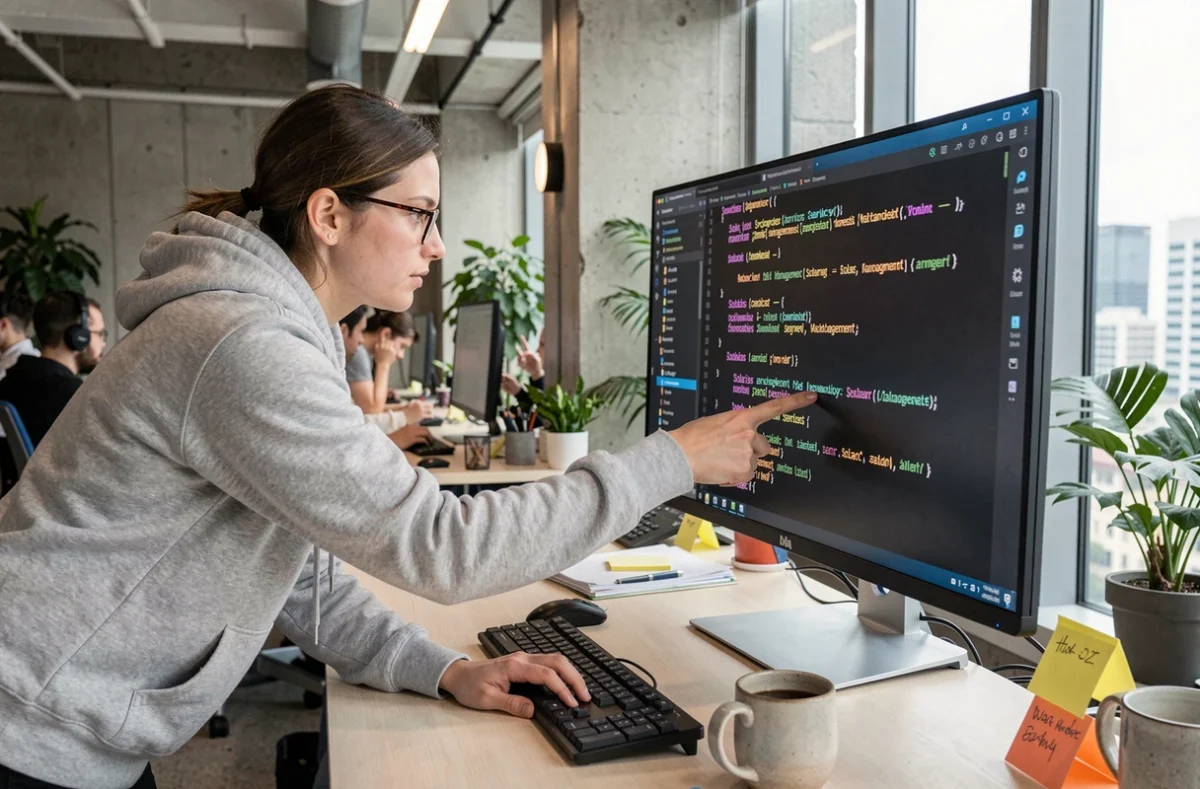 Ingénieure logicielle examinant du code de gestion de services Solaris sur un écran ultrawide dans un bureau open space