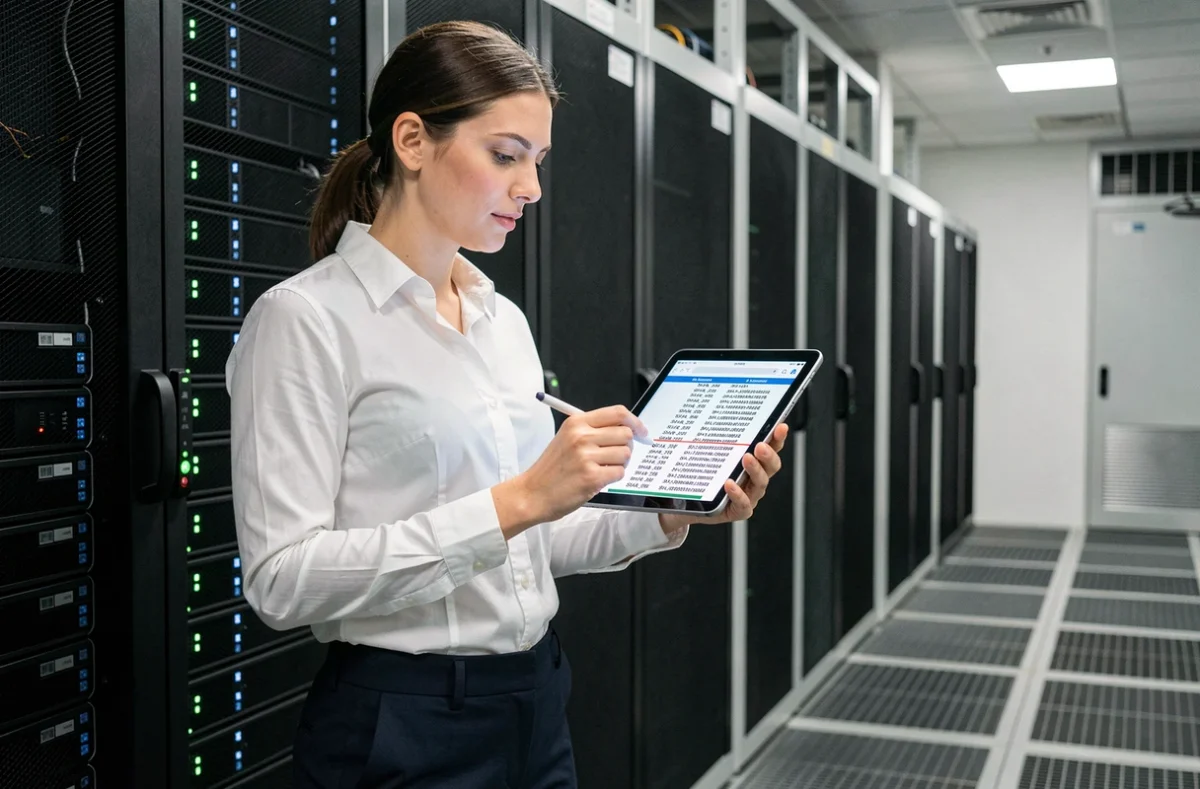 Ingénieure en sécurité informatique vérifiant des hash SHA-256 sur une tablette devant des serveurs dans un datacenter