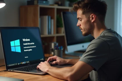 Homme installant Windows 7 en dual boot via une clé USB sur un bureau à domicile