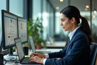 Femme intégrant un nouvel outil numérique à ses logiciels existants dans un bureau moderne en open space